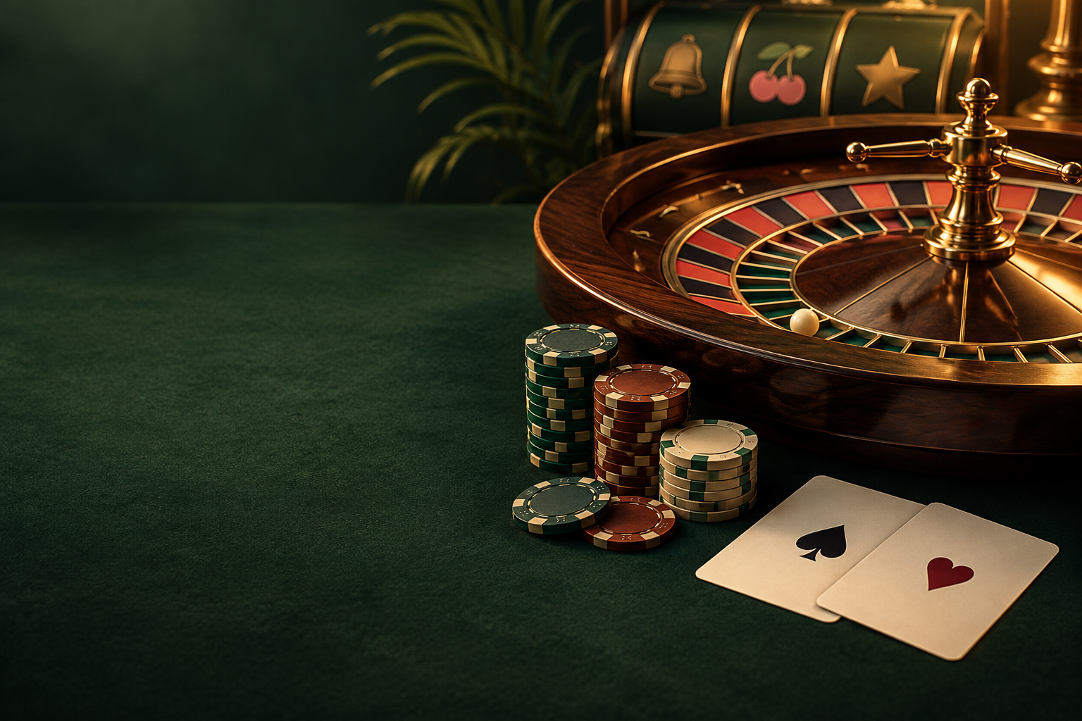 Meja kasino e88 dengan roulette, kartu dan keping dalam cahaya tembaga